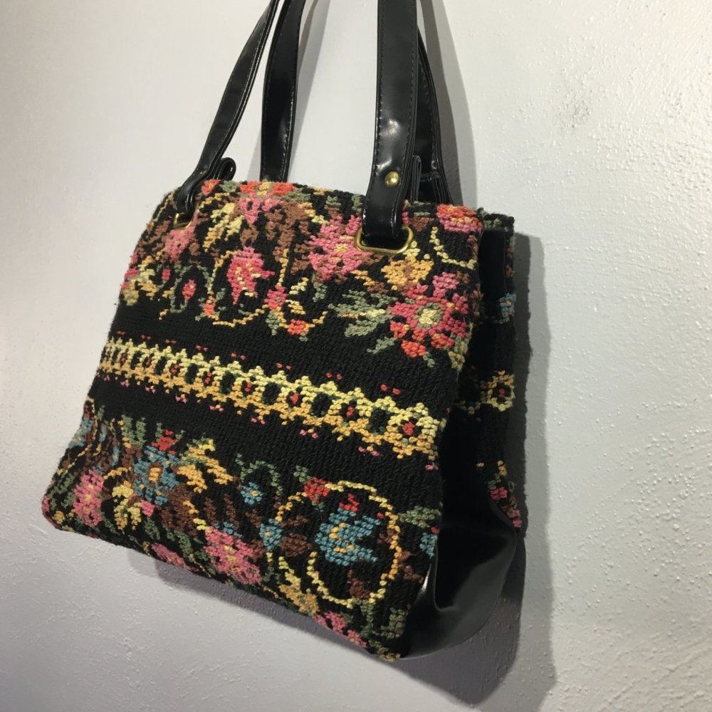 Vintage 50s 60s Needlepoint Tapestry Carpet Bag Black Colorful Floral Purse - Picture 9 of 16